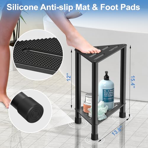 Stainless Steel Black Shower Stool for Inside Shower, 15.4'' H Shower Foot Rest, Corner Shower Stool with Storage Shelf, Shower Step for Shaving Legs, Bathroom Corner Shower Bench - color: Black