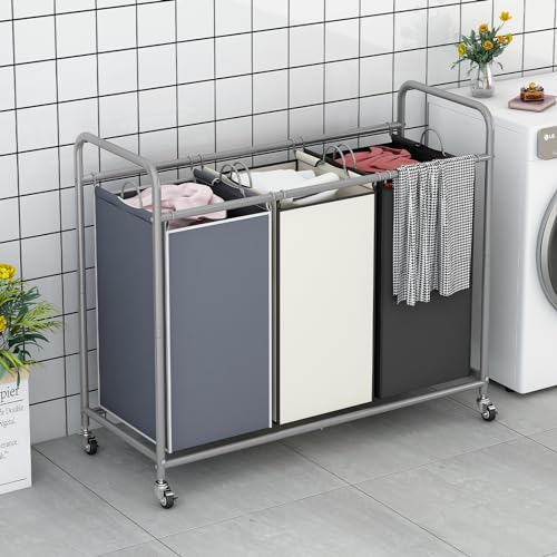 LINZINAR 3-Bag Laundry Basket Sorter Laundry Hamper Cart with Heavy Duty Rolling Lockable Wheels and Removable Bags (Assorted) - size: 3 Bags Assorted