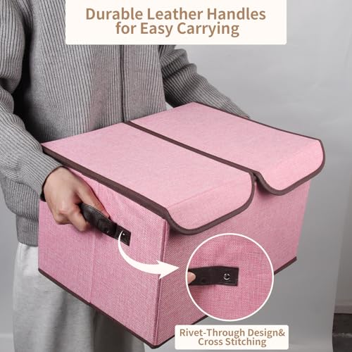 Foldable Fabric Storage Box, 16.5 x 11.8 x 9.8 inches (L x W x H), with Double-Lid & Dividers, Large Organizer for Home, Closet, Office(Pink) - color: Pink, size: 1 Pack