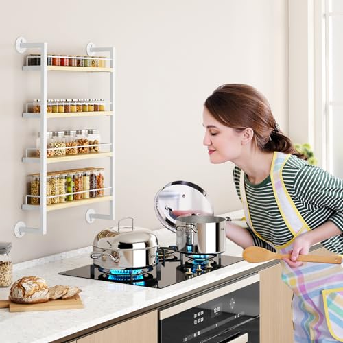IBUYKE Spice Rack Wall Mount,4 Tier Hanging Seasoning Organizer,Spice Rack for Wall for up to 50 Jars,Spice Organization for Kitchen Cabinet,Living Room,Bathroom,Pantry,Natural TLJ016R - color: White