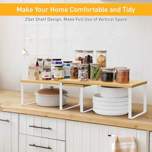 OGEMXU Cabinet Shelf Organizers, 15.7 inches Large Kitchen Counter Shelf, Set of 2 Wood Kitchen Pantry Organizer, Storage Shelves for Countertop, Spice Rack, Stackable, Expandable, Metal White, Nature - color: White and Natural Beige, size: 2pcs 7.8" D x