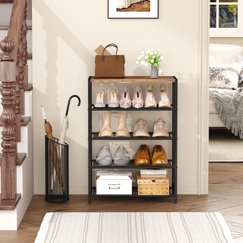 HOMEFORT 5-Tier Shoe Rack, Shoe Storage Shelf with MDF Top Board, Shoe Rack Organizer, Each Tier Fits 3 Pairs, Entryway Shoe Stand with Sturdy Shelves, Rustic Brown - color: Rustic Brown, size: 5-Tier (11.8"D x 23.23"W x 32.68"H)