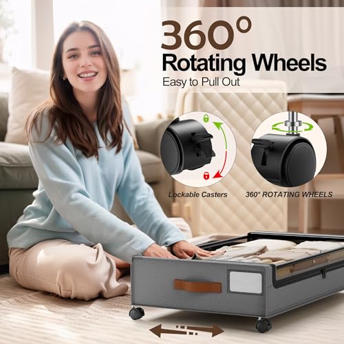 LAMU Under Bed Storage with Wheels, 2 Pack Under Bed Storage Containers with Clear Lid, XXL 60L Underbed Storage Bins, Rolling Under Bed Metal Drawers for Clothes, Blankets, Shoes, Grey - color: Grey, size: 2 Pack