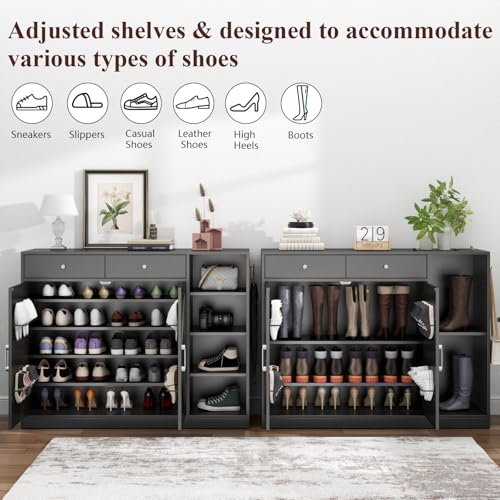 Loomie 5-Tier Shoe Cabinet with 4 Side Cubbies, Farmhouse Shoe Rack Cabinet with 6 Adjustable Shelves & 2 Drawers, Freestanding Shoe Storage Cabinet with 4 Brackets & 2 Hooks for Entryway (Black) - color: Black