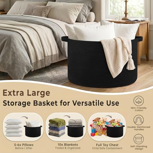 OIAHOMY 90L Blanket Basket for Living Room, Large Basket 23" x 23" x 13" with Handle, Laundry Hamper for Blankets, Pillows, Toy Storage for Kids, Dogs - Black - color: Black, size: 23" x 23" x 13"