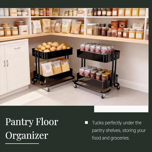 2 Tier Cart with Wheels Heavy Duty Metal Rolling Storage Cart for Under Desk Storage, Short Small Utility Shelf for Pantry Kitchen Bathroom Laundry, Home Organizer with Large Basket, Black - color: Black-1