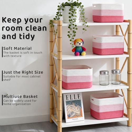4 Pack Storage Baskets for Organizing, 12''Lx9''Wx8''H Woven Baskets for Storage Toys, Towels, Books, and Clothes, Cotton Rope Basket for Shelves with Handle (White & Pink) - color: White & Pink