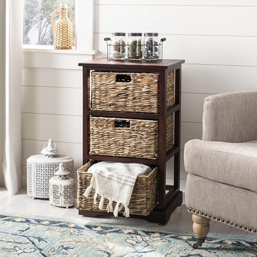 SAFAVIEH Home Collection – Halle Cherry Storage Side Table with Wicker Baskets, Farmhouse Accent Storage, Fully Assembled (AMH5738C) - color: Cherry