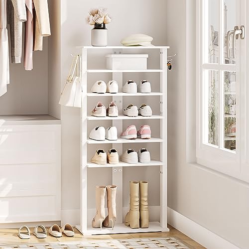 HOOBRO Vertical Shoe Rack, 8 Tier Wooden Shoe Storage Organizer with Hooks, Narrow Shoe Tower for 16 Pairs, Space Saving, for Entryway, Living Room, Bedroom, White WT750XJ01 - color: White, size: 8 Tier (19.7"W)