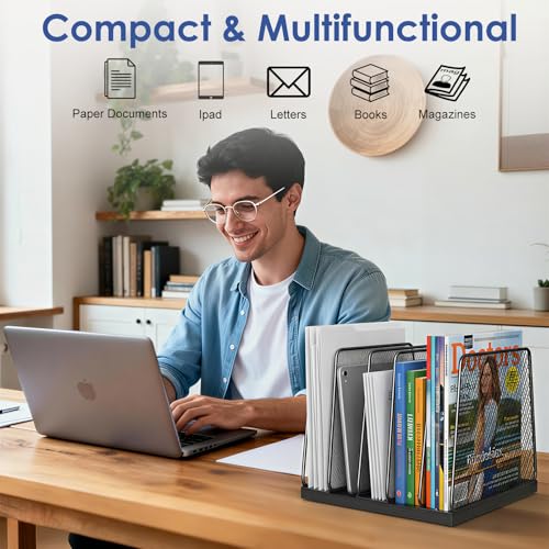 AUPSEN 5-Section File Organizer for Desk, Wood Mesh Desktop File Organizer, File Sorter Storage Rack, Vertical Folder Holder for Files, Magazines, Books (Black) - color: Black