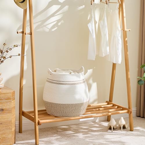 KAKAMAY Large Cotton Rope Woven Basket for Storage (17"x17"), Collapsible Laundry Hamper for Baby, Blanket Basket for Organizing Living Room, Nursery, Clothes, Toy Chest, Brown Stripes - color: Brown Stripe