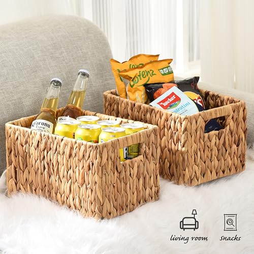 ELONG HOME Water Hyacinth Rectangular Wicker Baskets, 12" Wicker Basket 2 Pack, Woven Storage Baskets with Handles - color: Hyacinth 2