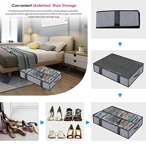 Onlyeasy Under Bed Shoe Storage Organizers for Kids and Adults Fit 14 Pairs of Shoes & 4 Pairs of Boots, Sturdy Underbed Organizer with 2 Strong Zippers and 4 Handles, Linen-like Grey, MXDUBS14S4 - color: 1 Boots 1 Shoes (14+4 Cells) Linen-like Grey