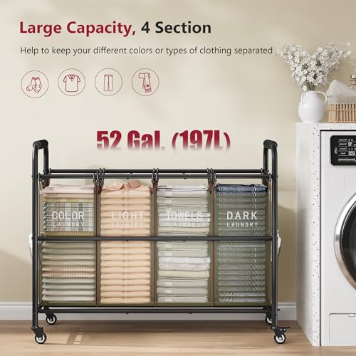 Tajsoon 4 Bag Laundry Sorter Cart, 4 Section Laundry Hamper Sorter with Heavy Duty Lockable Rolling Wheels, Laundry Separator Hamper with Removable Bags for Dirty Clothes Storage, Green - color: Green