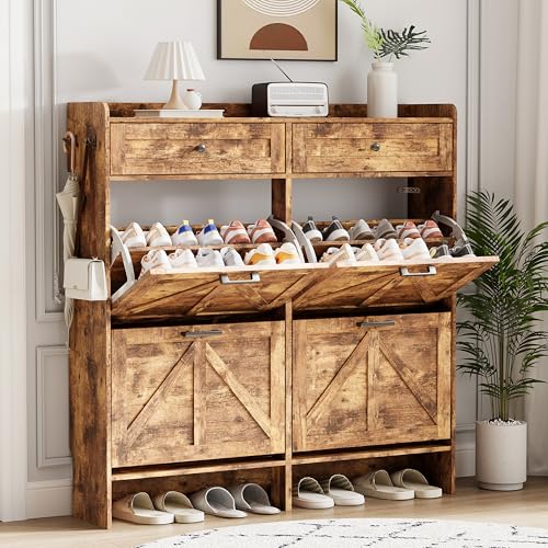 Shoe Cabinet with 4 Flip Drawers & 2 Top Drawers, 43" Tall Freestanding Narrow Wooden Shoe Storage Organizer for Entryway, Hidden Slim Shoe Rack for Front Door Entrance, Hallway, Living Room, Brown - color: Brown, size: 4 Flip Drawers