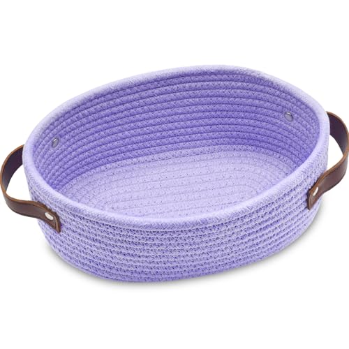 ABenkle Small Woven Basket with Handles, Mini Rope Storage Basket, Tiny Cute Shelf Basket, Oval Decorative Toys Basket for Nursery, Living Room, Empty Gift Basket, 9.4" x 5.9" x 3.9" - XS - color: Purple