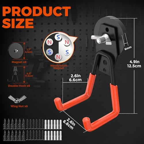 8Pcs Large Strong Magnetic Hooks Heavy Duty Garage Big Magnet Hooks Extra Strength Magnetic Utility Storage Hook Hanger with Anti Slip Coating for Garden Indoor Outdoor Hanging Tools Orange - color: 8 Pcs-Orange