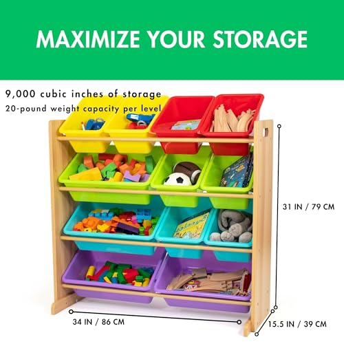 Humble Crew Kids Toy Storage Organizer with 12 Plastic Bins, Natural Wood/Rainbow – Removable Bins for Playroom, Bedroom, Toddler Furniture for Boys and Girls Ages - color: Rainbow/Natural Wood