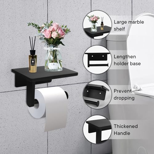 Toilet Paper Holder with Marble Shelf for Bathroom Washroom,Wall Mounted Tissue Holder Suitable for Mega Roll (Small 6.7 * 4.3 in, Black) - color: Black, size: Small 6.7 * 4.3 in
