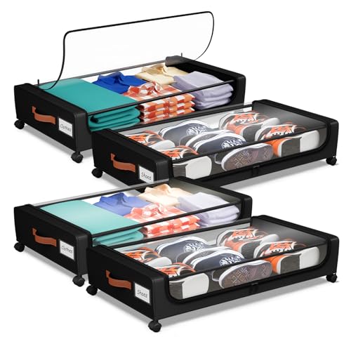 Under Bed Storage with Wheels, UnderBed Storage Containers with Clear Lid and Handles, XXL 60L Under the Bed Storage Bins Drawers for Clothes,Blankets,Shoes,Books (BLACK, 4 PACK) - color: BLACK, size: 4 PACK