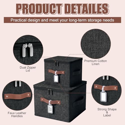 6 Pack Fabric Closet Storage Bins with Zipper Lids and Label, 15x10x10In Large Size Foldable Cotton Linen Storage Cubes Boxes with PU Leather Handles Holder for Bedroom, Shelf, Nursery, Black - color: Black, size: 15×10×10in