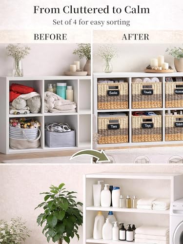 Storage Basket, 10.5x10.5x10.5 Inch Storage Cubes, Water Hyacinth Wicker Basket for Storage, Handmade Woven Baskets for Organizing, Set of 4 Wicker Storage Baskets for Shelves