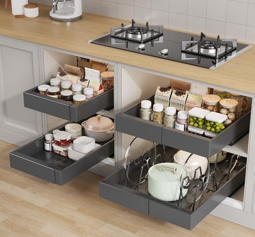Seinloes 4 Pack Pull Out Cabinet Organizer 21" Deep with Raising Pad for Framed Cabinets, Expandable (9"-14" W) Slide Out Drawers for Kitchen Cabinets with 4pcs Divider Racks, Roll Out Shelves, Black - color: Black, size: 9"-14"W x 21"D(4Pack)