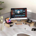 FITUEYES Dual Monitor Stand – 3 Shelf Computer Monitor Riser, Wood Desktop Stand with Adjustable Length and Angle, Desk Accessories, Office Supplies Medium Oak, DT108006WO - color: Oak