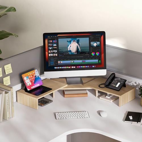 FITUEYES Dual Monitor Stand – 3 Shelf Computer Monitor Riser, Wood Desktop Stand with Adjustable Length and Angle, Desk Accessories, Office Supplies Medium Oak, DT108006WO - color: Oak