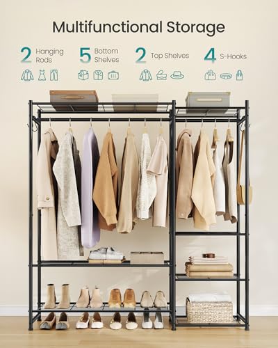 SONGMICS Portable Closet Wardrobe, Clothes Rack, Closet Organizers and Storage, Freestanding Clothing Rack with 7 Shelves, 2 Hanging Rods, Metal Frame Rack, for Bedroom, Entryway, Black ULGR010BZ03S - size: 49.1"L