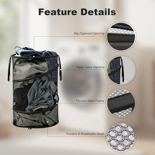 BATTOO Collapsible Laundry Basket with Lid, Large Foldable Mesh Pop Up Hamper 88L with Handles for Laundry Room, Bathroom, Kids Room, College Dorm, Travel, Storage Organizer Black - color: Black, size: Extra Large