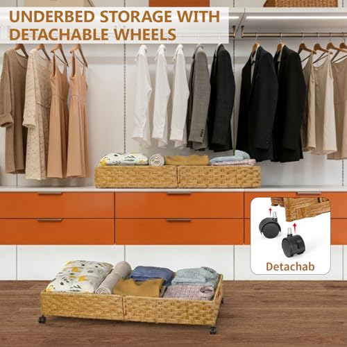 Under Bed Storage Containers with Wheels, 31.5” Large Handwoven Rattan Rolling UnderBed Storage Bins, Tool-free Assembly Natural Under The Bed Organizer Drawers for Bedroom, Sheets Clothes Blankets - style: 2 Pack(A-Natural)