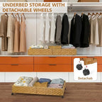 Under Bed Storage Containers with Wheels, 31.5” Large Handwoven Rattan Rolling UnderBed Storage Bins, Tool-free Assembly Natural Under The Bed Organizer Drawers for Bedroom, Sheets Clothes Blankets - style: 2 Pack(A-Natural)