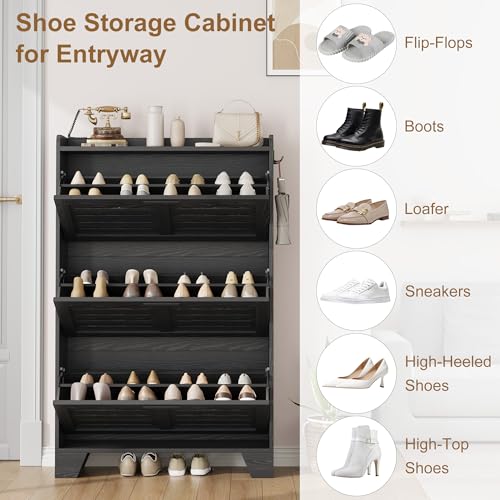 Garvee Shoe Storage Cabinet with 3 Flip Drawers, Freestanding Shoe Organizer Storage for Entryway with 2 Side Hooks, Farmhouse Hidden Slim Narrow Shoe Rack Cabinet, Black - color: Black, size: 3-Drawers