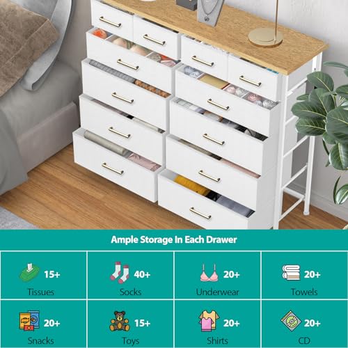 VASICAR White Dresser for Bedroom with 12 Deep Drawers, Wide Chest of Drawers, 55" TV Stand with Retro Wood Top, Tall Fabric Dresser for Closet, Nursery - color: White-retro Top