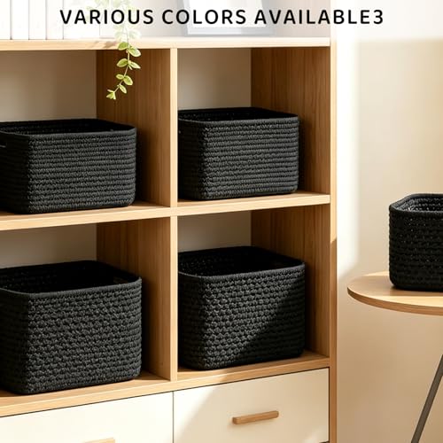 4 Pack Storage Baskets for Organizing, 12''Lx9''Wx8''H Woven Baskets for Storage Toys, Towels, Books, and Clothes, Cotton Rope Basket for Shelves with Handle - color: Black