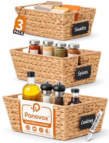 Pantry Organizers and Storage, Water Hyacinth Storage Baskets for Shelves, Natural Baskets for Organizing, Pantry Baskets with Chalkboard Labels and Marker - color: Natural