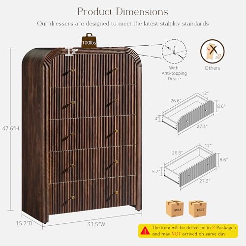 T4TREAM Fluted 5 Drawers Dresser, 48" Tall Modern Chest of Drawers with Thickened Curved Profile Design, Wood Closet Clothes Storage Organizer for Bedroom, Living Room, Hallway, Dark Walnut - color: Dark Walnut, size: 15.7"D x 31.5"W x 47.6"H (5 Drawers)
