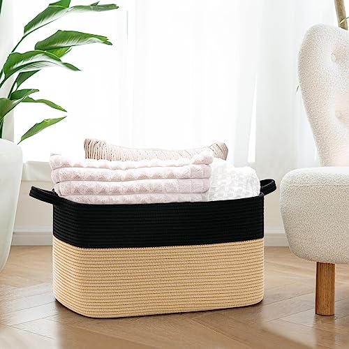 Goodpick Large Woven Storage Basket, 21.6" x 14.9" x 11.8" Rectangle Cotton Rope Laundry Basket with Handles, Baby Toy Blanket Storage for Living Room, Bedroom - color: Black Camel, size: Large(21.6"L x 14.9"W x 11.8"H)