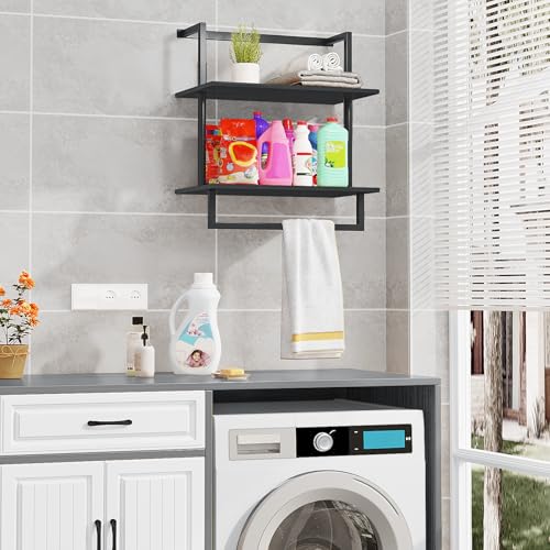 Wall Mounted Towel Rack for Bathroom, Bath Storage Holder 3-Tier Steel Wood Towel Shelf with Bar, Black - color: Black