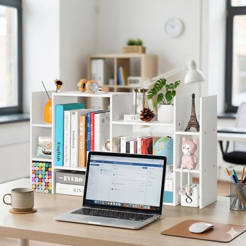YIGANG Desk Shelf Organizer, 3-Tier Desktop Bookshelf for Computer Desk, Small Tabletop Hutch Storage Rack, Wood Office Supplies Organizer for Dorm, Home & Student (29 Inch Wide)，White