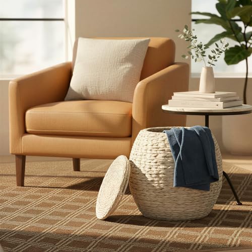 Household Essentials Handwoven Water Hyacinth Barrel Wicker Storage Basket Side Table, Cream Finish - color: Cream Water Hyacinth, style: Water Hyacinth