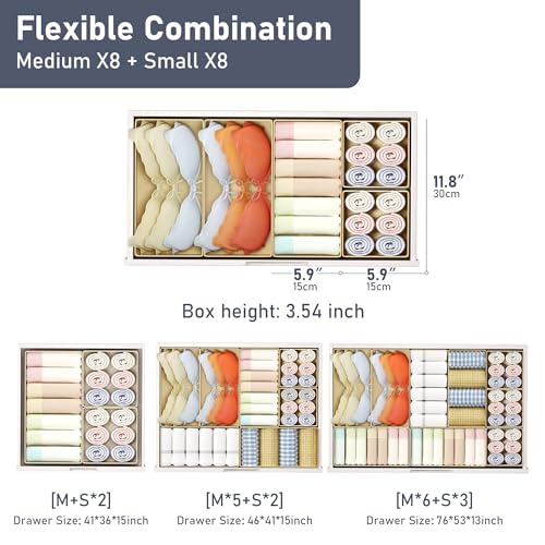 DIMJ Drawer Organizer Clothes Storage - 16 Pack Baby Dresser Organizer for Nursery, Foldable Drawer Dividers for Bedroom Closet Organization, Fabric Storage Bins for Socks, Underwears, Bras - color: Beige