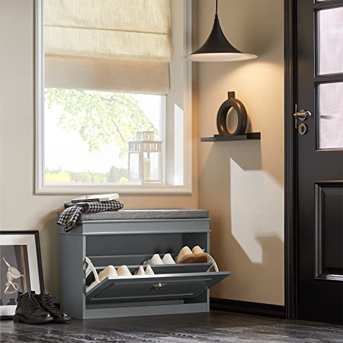 Haotian Shoe Storage Bench with Cushion, Grey Narrow Shoe Rack for Entryway, Small Shoe Cabinet with Flip-Drawer, Closet Hallway Mudroom FSR82-L-HG - color: Grey, size: 1 Drawer:29.5x9.4x20"