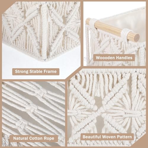 Kifmurase Macrame Storage Baskets 2PCS, Boho Woven Decorative Basket for Organizing with Handle, Countertop Toilet Paper Storage Container for Tank Bedroom Nursery Livingroom Entryway(White)