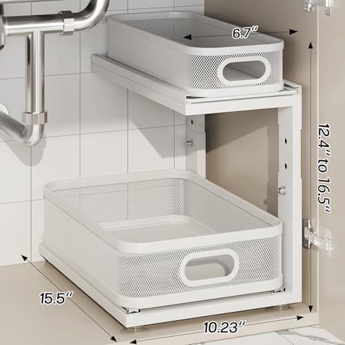 2 Pack Under Sink Organizer With Next-Gen Ball-Bearing Slides,2-Tier Precision Mesh Pull Out Cabinet Drawers Storage for Bathroom&Kitchen,Height Adjustable Shelf,Rust-resistant-Patent Pending - color: White, size: 2 Pack-15.5"Dx12.4"-16.5"H