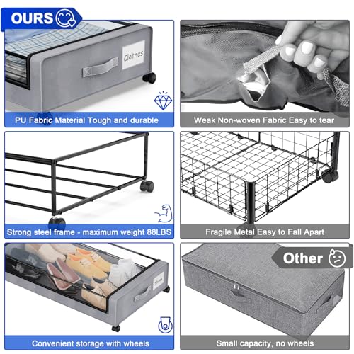 Beborxue Under Bed Storage with Wheels, 4-Pack Underbed Storage Containers with Clear Lids, XXL 60L Under the Bed Storage Organizer Bins, Rolling Under Bed Metal Drawer for Clothes,Shoes,Toys (Gray) - color: 4 Pack-Gray