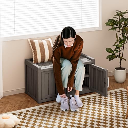KAMABOKO Shoe Storage Cabinet Waterproof UV-Resistant, Entryway Storage Bench Indoor Outdoor with 2 Barn Doors, Adjustable Shelves for Entryway, Bedroom, Hallway,Living Room(Classic Grey) - color: Classic Grey, size: Double Door