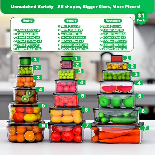 62 Pcs Large Food Storage Containers with Lids Airtight,Total 656OZ(31 Containers &31 Lids), Reusable BPA-Free Plastic Food Container for Kitchen Organization, Leakproof Meal-Prep Containers for Lunch - color: 62 Pcs