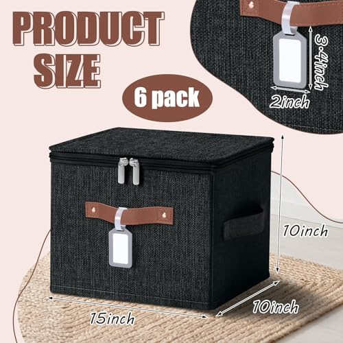 6 Pack Fabric Closet Storage Bins with Zipper Lids and Label, 15x10x10In Large Size Foldable Cotton Linen Storage Cubes Boxes with PU Leather Handles Holder for Bedroom, Shelf, Nursery, Black - color: Black, size: 15×10×10in